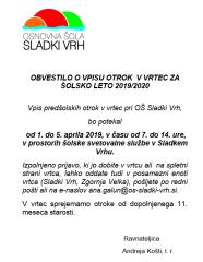 VPIS OTROK V VRTEC ZA ŠOLSKO LETO 2019-2020 (VRTEC SLADKI VRH IN VELKA)